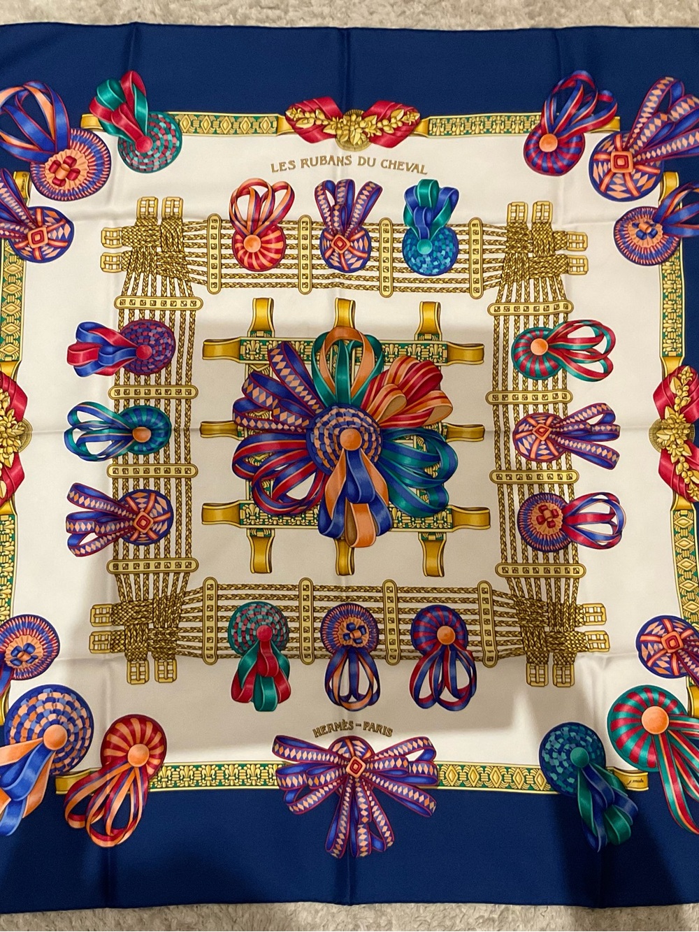 Hermes Multicolor Silk Scarf with Blue Border